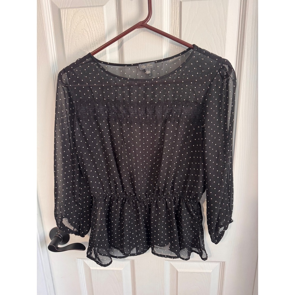 Lily Rose Top Black Polka Dot Sheer Peplum Blouse Size Small